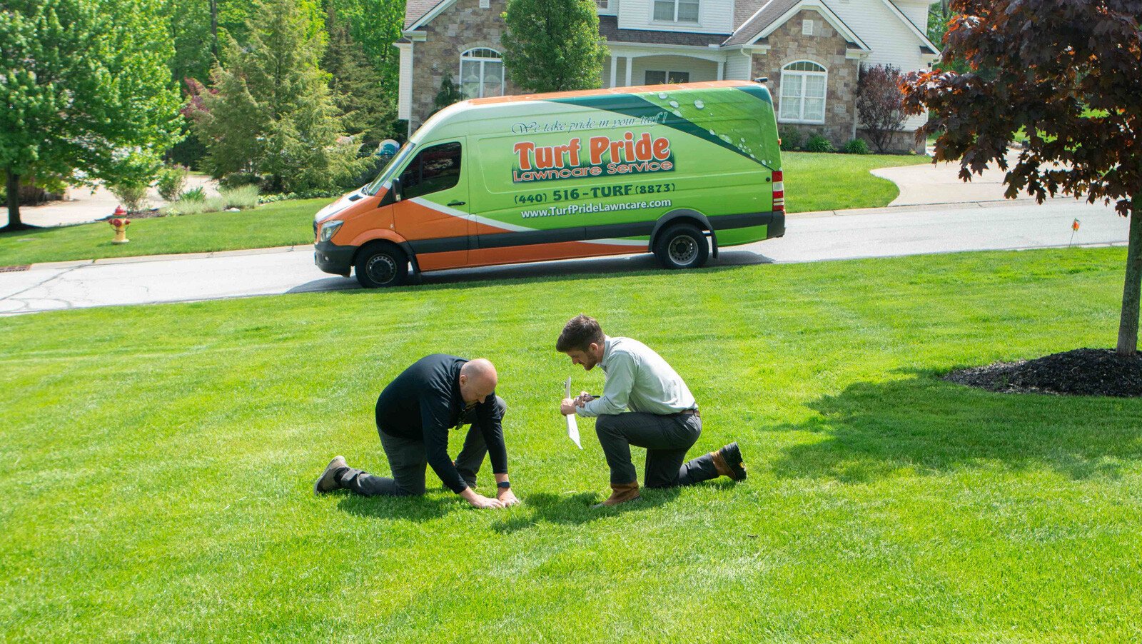 Crew looking closely at lawn with truck