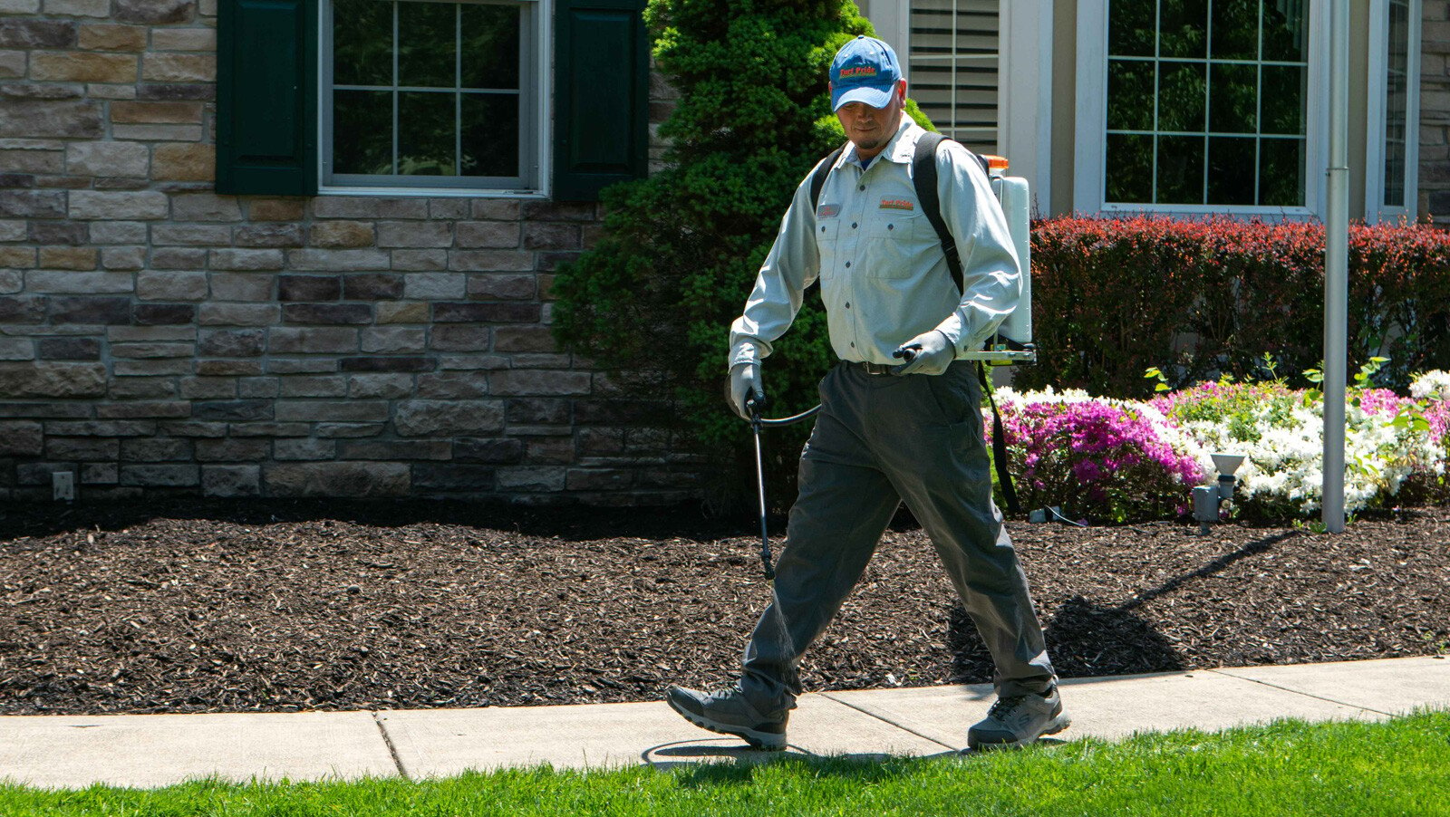 crew spraying with mulch in flower bed